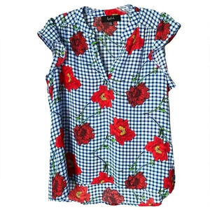 LIPSLIDE | Blue Gingham Floral Print Ruffle Cap Sleeves V-Neck Top Size XL